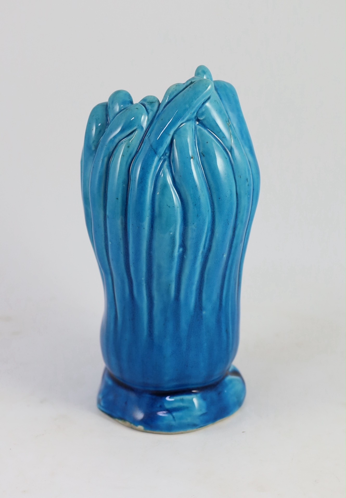 A Chinese turquoise glazed ‘finger citron’ vase, 18th century, 22cm high, restoration